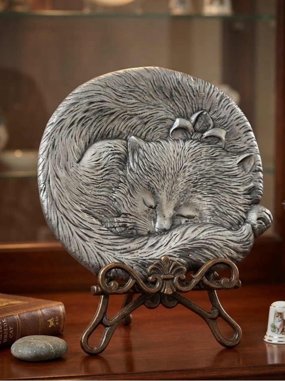 Vintage Arthur Court Silver Sleeping Cat Sculpture trinket/decor plate 1992